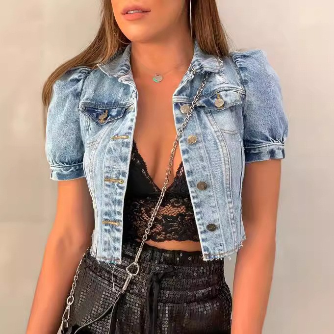 Distressed Jean Rip - Damska kurtka jeansowa typu crop, jasnoniebieska,